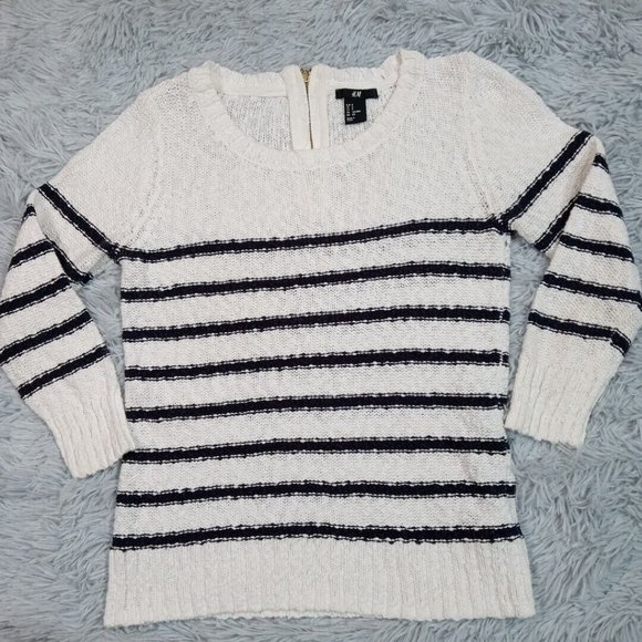 H & M Womens Sweater White Small Stripes Zip Back Cotton Round Neck - Picture 1 of 12